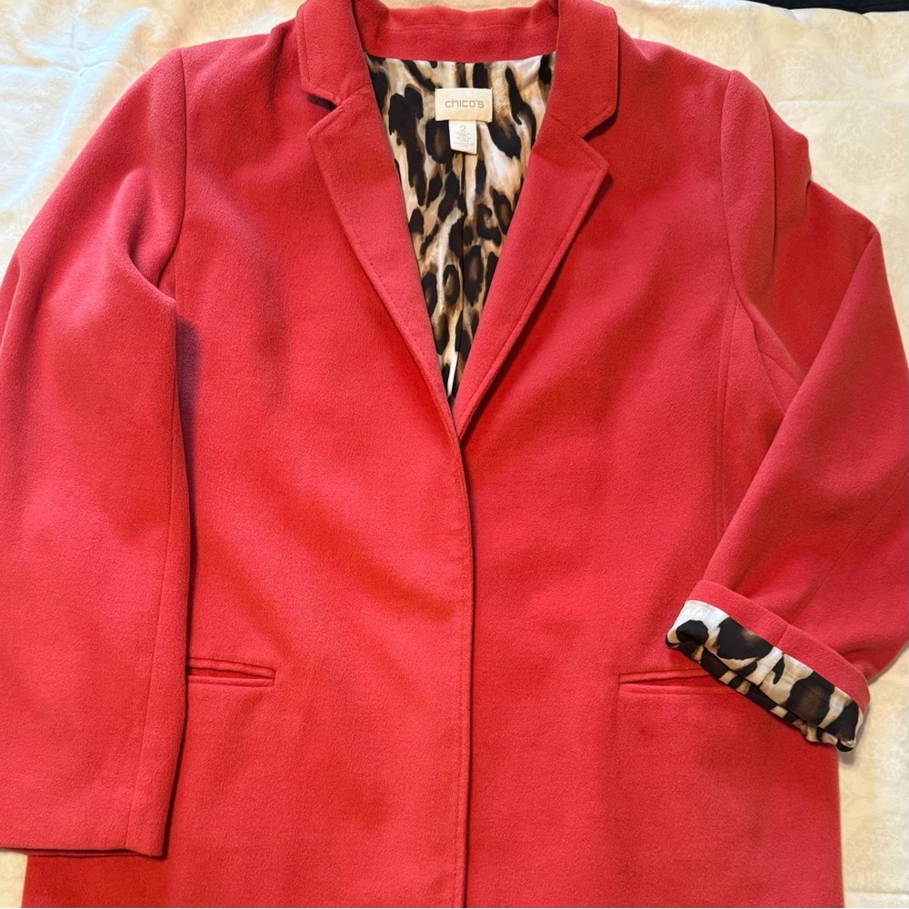 Chico's Coral-Red Blazer with Leopard-Print Lining